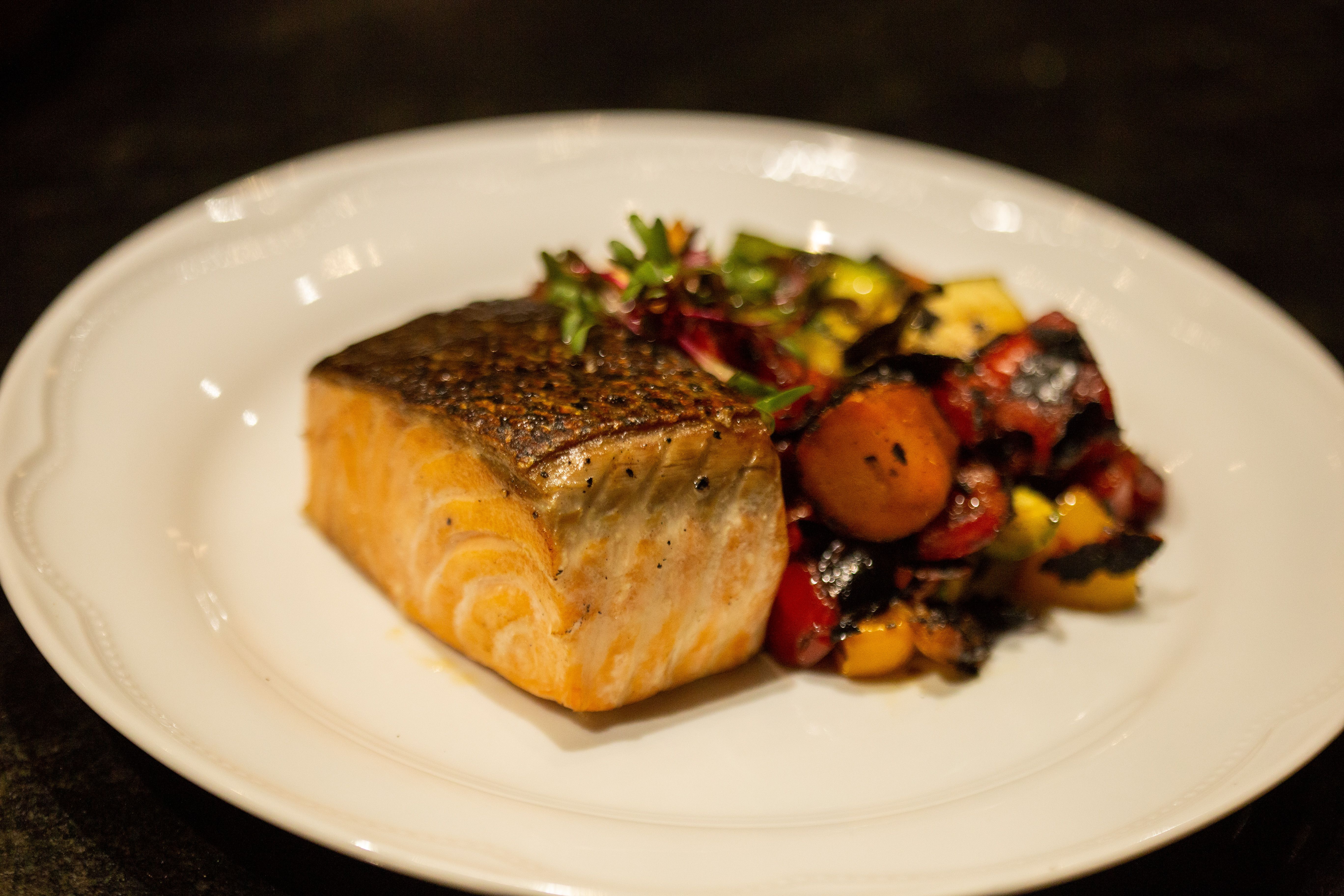 Plated high-protein dinner in warm natural light