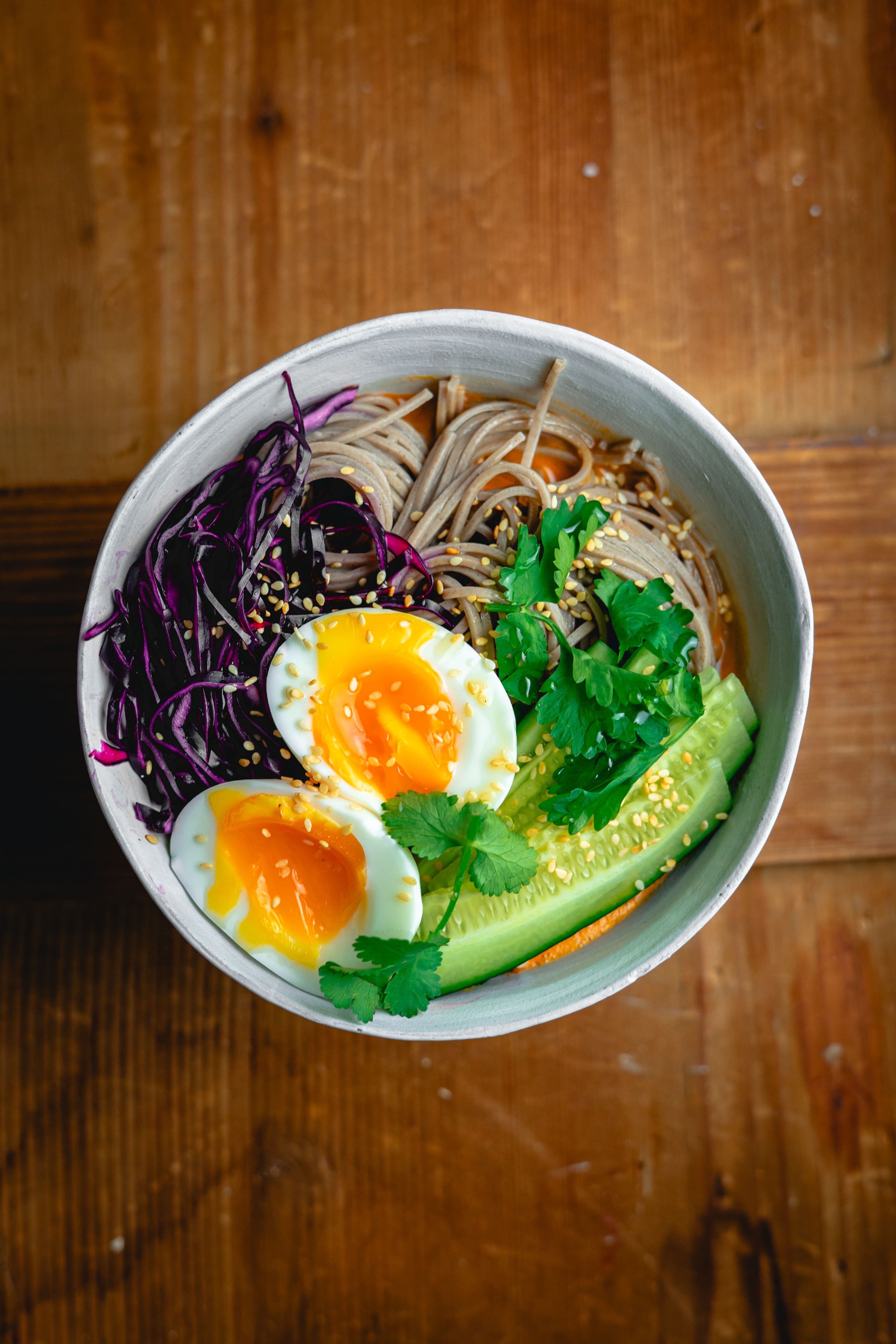 Sesame soba noodle bowl with jammy egg